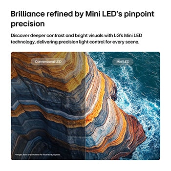 LG QNED AI QNED75 Mini LED highlights how its Mini LED reveals sharper rock textures and clearer ocean detail than conventional LED in a split coastal cliff scene, delivering deeper blacks and more refined contrast for greater clarity and depth.